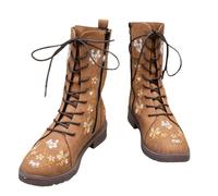 Women's Floral Combat Boots, Mid-Length Lace-Up, Black with Blue and Purple Buterfly Embroidery Elegant Mid Calf Boots Fashionable Warm Women (Brown, 5)
