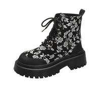 Womens Floral Combat Boots - Printed Lace up Mid Calf Booties with Non Slip Sole, Lightweight Chunky Platform and Durable PU Upper, Soft Lining and Shock Absorbing Outsole