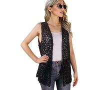 Womens Floral Crochet Lace Boho Trim Sleeveless Open Front Vest Cardigan