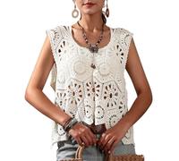 Womens Floral Crochet Lace Boho Trim Sleeveless Open Front Vest Cardigan
