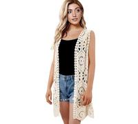 Womens Floral Crochet Lace Boho Trim Sleeveless Open Front Vest Cardigan, Beige-020, One Size