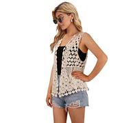 Womens Floral Crochet Lace Boho Trim Sleeveless Open Front Vest Cardigan, Beige, One Size