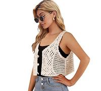 Womens Floral Crochet Lace Boho Trim Sleeveless Open Front Vest Cardigan, Beige-short, One Size