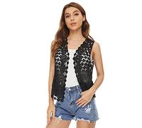 Womens Floral Crochet Lace Boho Trim Sleeveless Open Front Vest Cardigan, Black, One Size