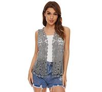 Womens Floral Crochet Lace Boho Trim Sleeveless Open Front Vest Cardigan, Gray, One Size