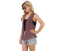 Womens Floral Crochet Lace Boho Trim Sleeveless Open Front Vest Cardigan, Purple, One Size