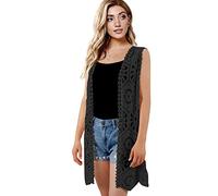 Womens Floral Crochet Lace Boho Trim Sleeveless Open Front Vest Cardigan, Rbb11, One size