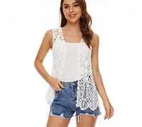 Womens Floral Crochet Lace Boho Trim Sleeveless Open Front Vest Cardigan, V-06white, One Size