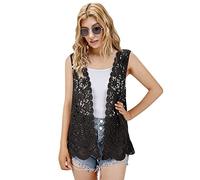 Womens Floral Crochet Lace Boho Trim Sleeveless Open Front Vest Cardigan, V-07black, One Size