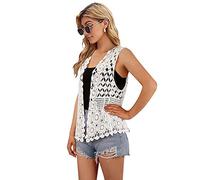 Womens Floral Crochet Lace Boho Trim Sleeveless Open Front Vest Cardigan, White, One size