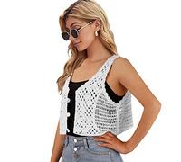 Womens Floral Crochet Lace Boho Trim Sleeveless Open Front Vest Cardigan, White-short, One Size