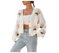 Women's Floral Cropped Cardigan Button Up Long Sleeve Knit Crochet Sweaters