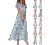 Women's Floral Dress, Flowy Elegant Summer Maxi Dress, Summer New Chiffon Long Skirt V Neck Short Sleeve Dress (002 Blau,M)