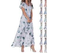 Women's Floral Dress, Flowy Elegant Summer Maxi Dress, Summer New Chiffon Long Skirt V Neck Short Sleeve Dress (010 Blau,XL)