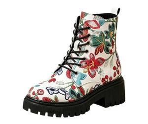 Women's Floral Embroidered Chunky Platform Ankle Boots Lace Up Combat Booties Punk Style Metal Eyelet Thick Sole Anti-Slip Streetwear Party Fashion Footwear Retro British Style Trendy Footwear