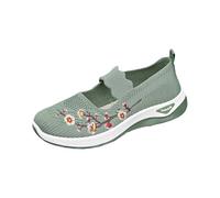 Women's Floral Embroidered Knit Slip-On Trainers Women's Woven Orthopedic Breathable Soft Shoes Casual Anti Slip UK Green Size 5