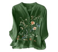 Womens Floral Embroidered Linen Blend Blouse 3/4 Sleeve Mandarin Collar Button Down Tunic Top Lightweight Casual Summer Shirt for Holiday Everyday Wear Green