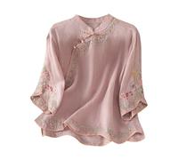 Women's Floral Embroidered Linen Blouse - Boho Lace Trim 3/4 Sleeve Slant Button V Neck Casual Bohemian Daily Wear Top(1E-Purple, XXL)