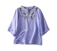Women's Floral Embroidered Linen Blouse - Boho Lace Trim 3/4 Sleeve Slant Button V Neck Casual Bohemian Daily Wear Top(1C-Purple, XXL)