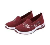 Womens Floral Embroidered Loafers Breathable Mesh Walking Shoes Lightweight Slip On Trainers Comfort Casual Working Shoes for Ladies Wine 3.5