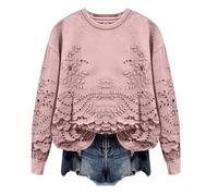 Women's Floral Embroidered Long Sleeve Sweatshirts Loose Retro Round Neck Casual Pullover Tops Ladies Fall Winter Outdoor Lounge Sweatshirt Pink