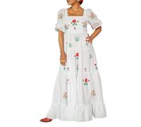 Women's Floral Embroidered Maxi Dress Puff Sleeve Ruffle Tiered Flowy Long Dress Bohemian Swing Summer Sundress (White, XL)