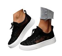 Women's Floral Embroidered Mesh Sneakers, Platform, Breathable, Openwork, Everyday Comfort, S-3XL Black