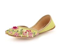 Womens Floral Embroidered Punjabi Khussa Handmade Ethnic Mojari Slip-On Flats Threadwork Traditional Wedding Bridal Party Festive Ladies Green Shoes Size 3 UK 36 EU