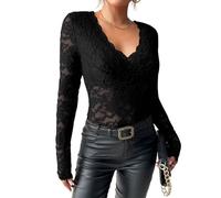 Women's Floral Embroidery Mesh Lace Round Neck Long Sleeve Top Sheer Deep V Neck Party Clubwear Shirts Black