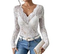 Women's Floral Embroidery Mesh Lace Round Neck Long Sleeve Top Sheer Deep V Neck Party Sheer Bodysuit Fishnet Shirt White