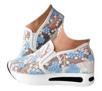 Women's Floral Embroidery Mesh Sneakers Breathable Slip On Wedges Walking Shoes Fashion Sequin Lace Platform Sneakers Hidden Wedge High Top Comfort Work Outdoor Travel Sports Shoes A Blue