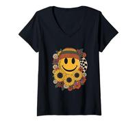 Womens Floral Fall Smile face Thanksgiving Boho V-Neck T-Shirt