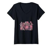 Womens Floral Flower Silhouette Camera Photographer Girl Women V-Neck T-Shirt