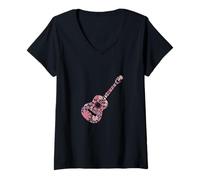 Womens Floral Flower Silhouette Guitar Music Lover Girl Women V-Neck T-Shirt
