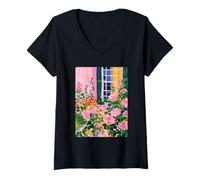 Women's Floral Garden with Pink Roses Spring Aesthetic Summer Vibes V-Neck T-Shirt