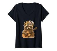 Womens Floral Guitar Raccoon Woodland Harmony V-Neck T-Shirt