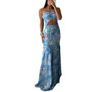Women's Floral Halter Full Smocked Maxi Dress with Waist Cutout, Elegant Pleated Summer Long Wrap Dress