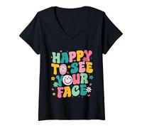 Womens Floral Happy to See Your Face Back to School Teacher Team V-Neck T-Shirt