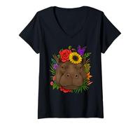 Womens Floral Hippopotamus Head Artistic Hippo with Flowers V-Neck T-Shirt
