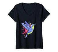 Women's Floral Hummingbird Colibri Bird Artwork V-Neck T-Shirt