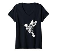 Women's Floral Hummingbird Colibri Bird Artwork V-Neck T-Shirt