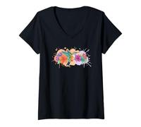 Women's Floral Hummingbird Colibri Bird Artwork V-Neck T-Shirt