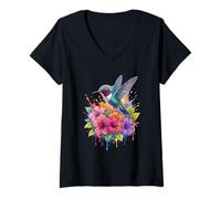 Women's Floral Hummingbird Colibri Bird Artwork V-Neck T-Shirt