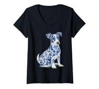 Women's Floral Jack Russell with Flowers Chinoiserie Blue Toile Dog V-Neck T-Shirt