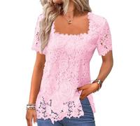 Womens Floral Lace Blouse Square Neck Short Sleeve Crochet Lace Top Loose Flowy Tunic Shirt Mesh Summer Tops Elegant Casual Party Blouses for Women UK