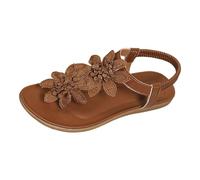 Womens Floral Lace Flat Sandals Casual Summer Open Toe Walking Shoes Elastic Slingback Bohemian Beach Sandals Holiday Mules Brown