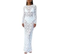Women's Floral Lace Maxi Dress, Elegant Long Sleeve See Through Mesh Bodycon Evening Dress, Crew Neck Solid Floral Print Maxi Long Slip, Vintage Y2k Casual Dresses for Cocktail Clubwear Streetwear