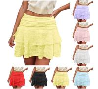 Women's Floral Lace Mini Skirt Y2 k Low Rise Layered Ruffled Hem Pleated A Line Short Skirt Fairycore Skirt Yellow Mini Skirt Lingerie Pleated Aline Flowy Underskirt Bikini Cover Up (2-Yellow, M)