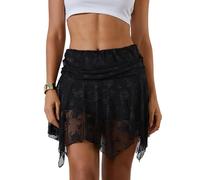 Womens Floral Lace Mini Skirts Y2k Lace Mesh Asymmetric Pleated Short Skirts Ruffle Layered Underskirt Flowy Skirts (A-Black, XL)