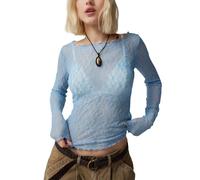Womens Floral Lace Shirt Top Long Sleeve Sexy Embroidery Mesh See Through Tshirts Slim Fit Low Cut Tee Tops Retro Streetwear (D-Blue1, S)
